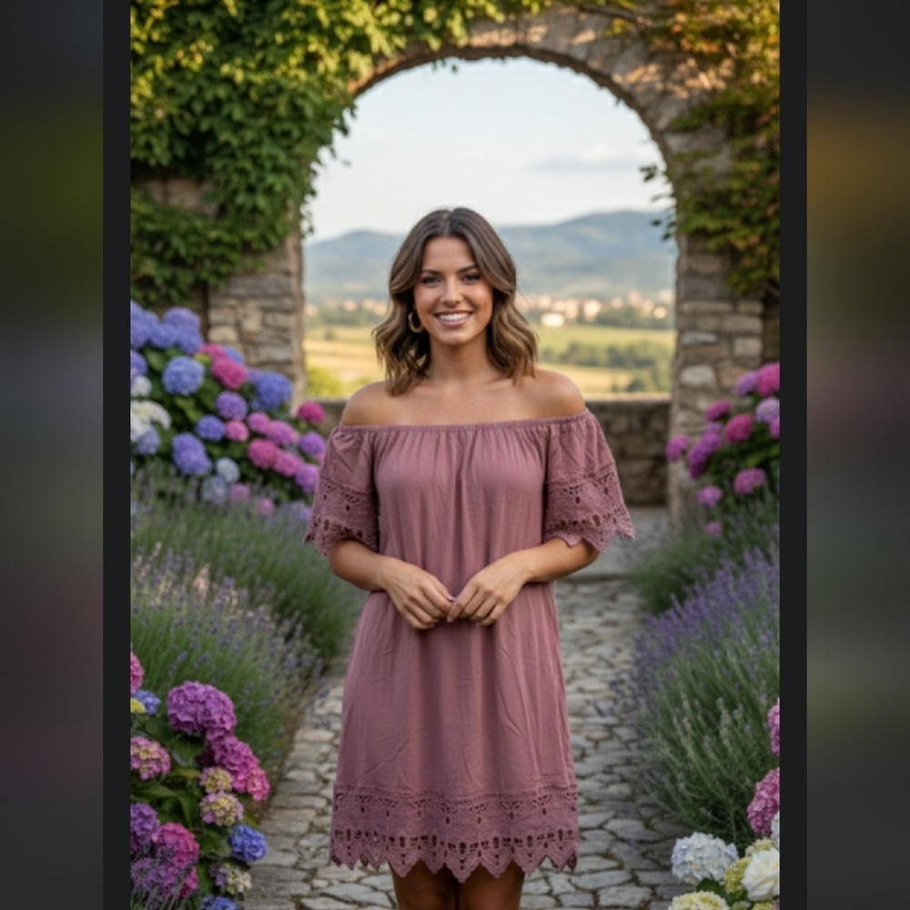 Iris Pink Lace Trim Off-Shoulder Top